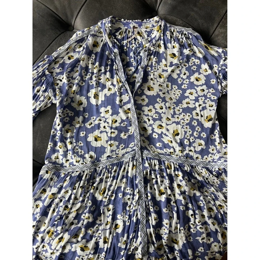 Free People Blue Floral Dress XS‎ Tiered Button Front Boho